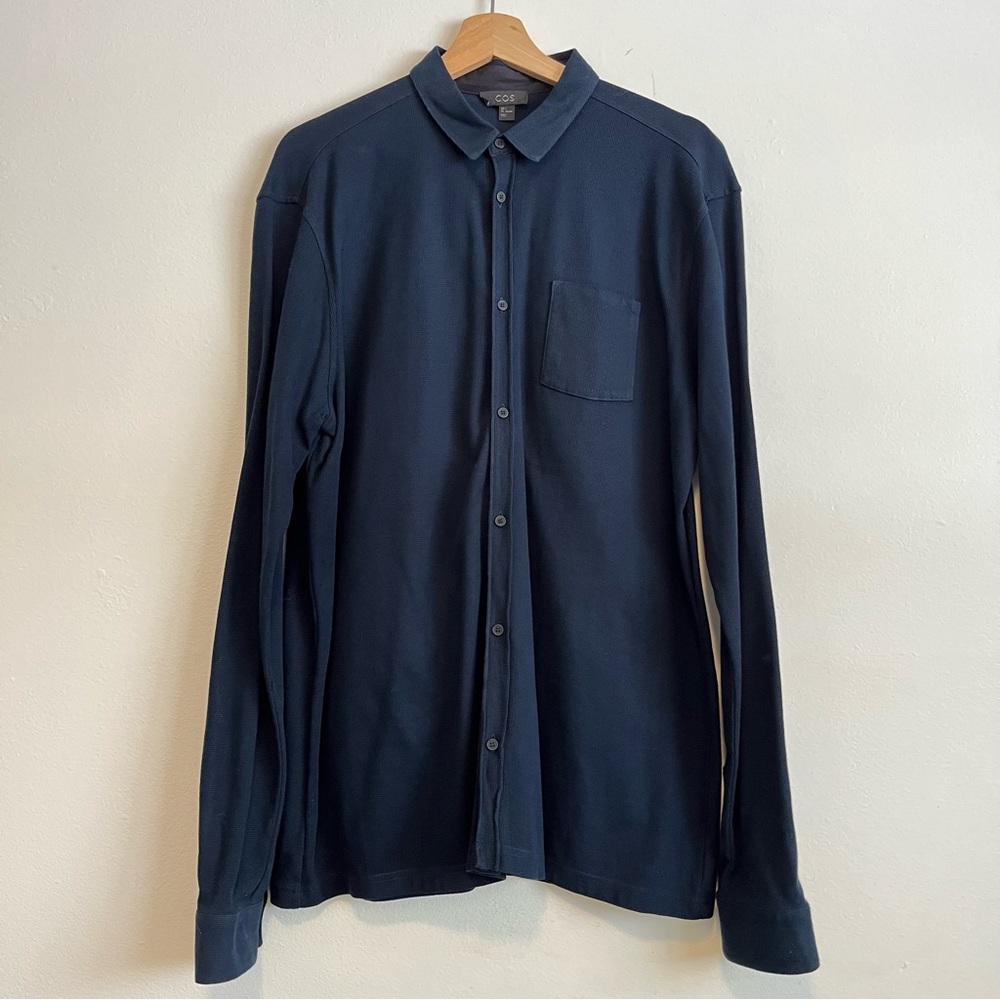 COS Textured Navy Blue 100% Cotton Button Up Long Sleeve Shirt Men’s Size Large
